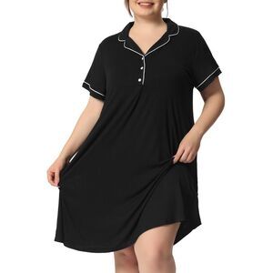Plus Size Women Button Down Pajamas Dress Short Sleeve Sleepwear Black